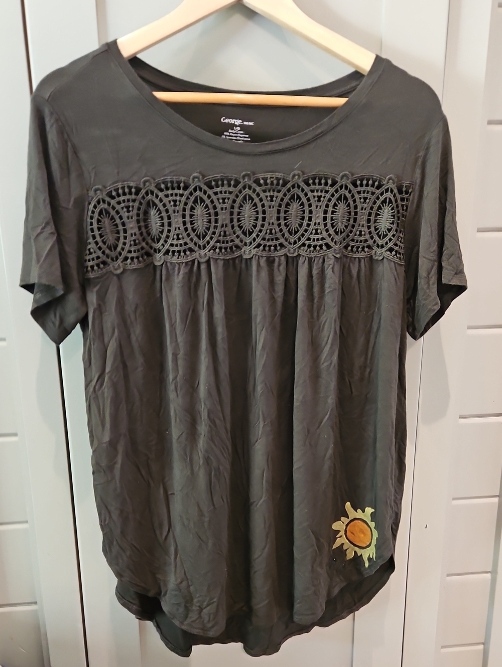 George Black Short-Sleeve Crochet Yoke Tee with Sunflower Accent By RRR (ME)